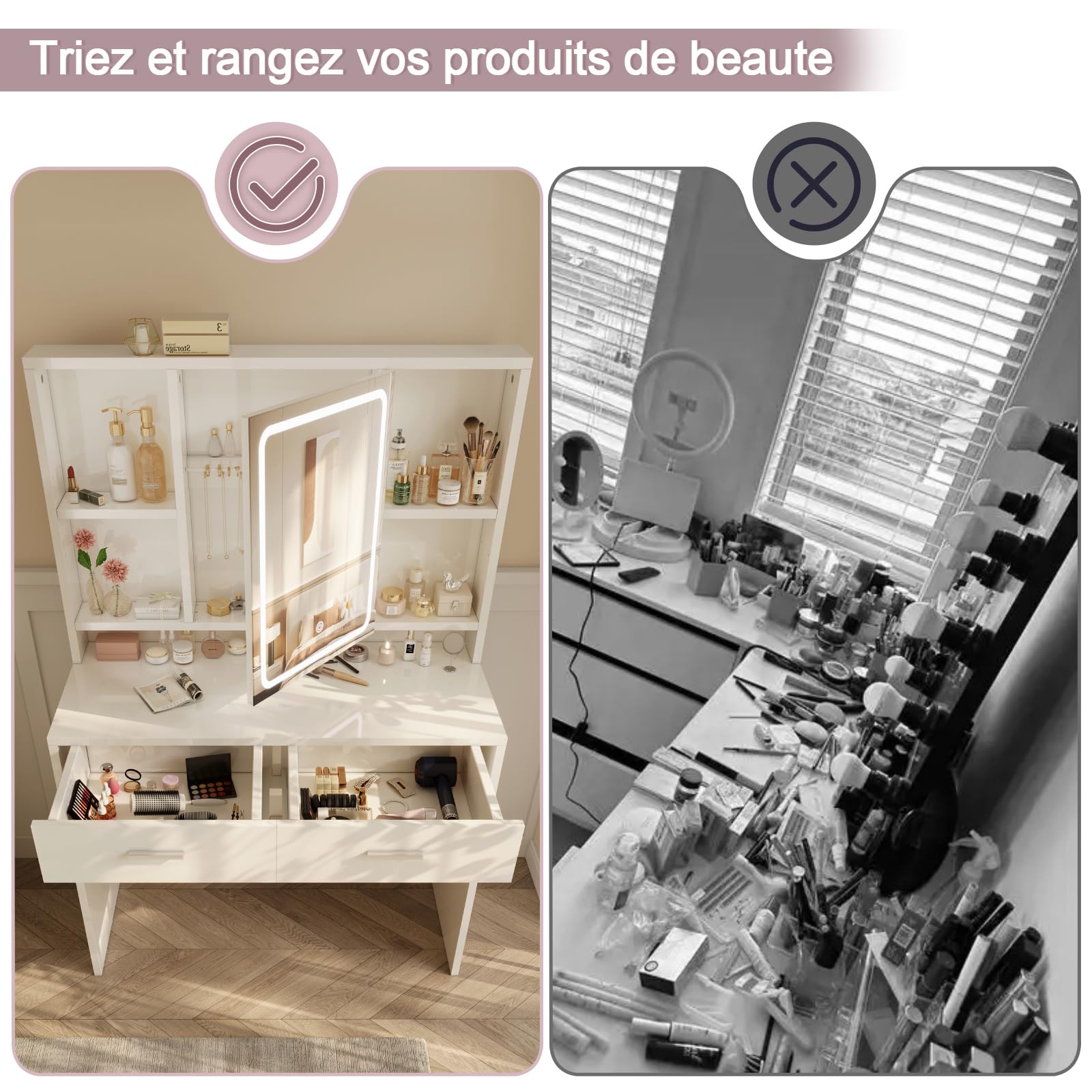 Devoko Coiffeuse avec Miroir LED, 3 Couleurs avec Luminosité Réglable, Table de Maquillage de Rangement, 2 Tiroirs et Étagères Réglables, Espace pour Bijoux, Style Moderne (Blanc)
