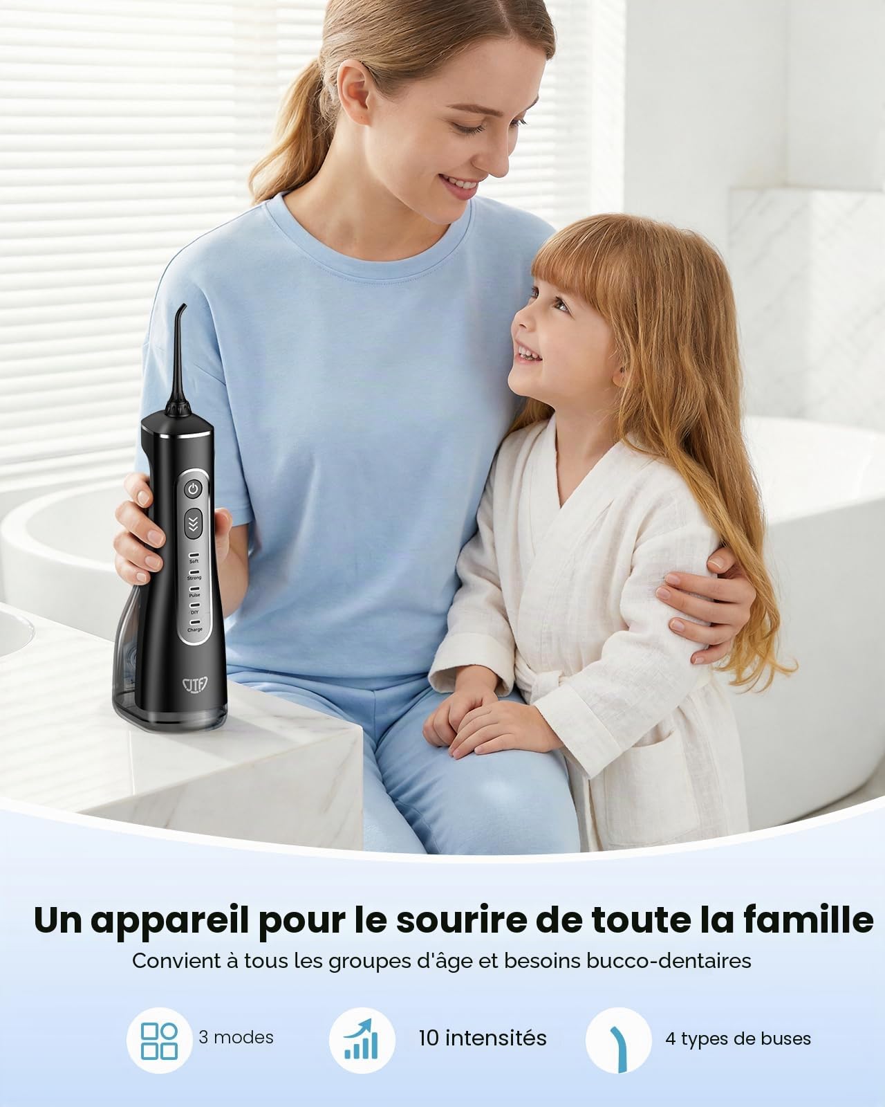 JTF Jet Dentaire Hydropulseur Oral - 300 ML Sans Fil Irrigateur, 3+1 Modes, Étanche IPX7 Water Flosser, Idéal pour Orthodontie, Appareil Dentaire, Gencives Sensibles Maison et Les Voyages(Noir)