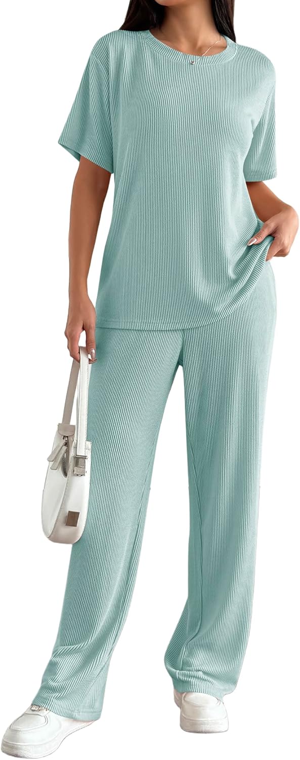 Ekouaer Lounge Sets for Women 2 Piece Matching Travel Outfits 2026 Loose Short Sleeve Top Wide Leg Pants Pockets - Image 2