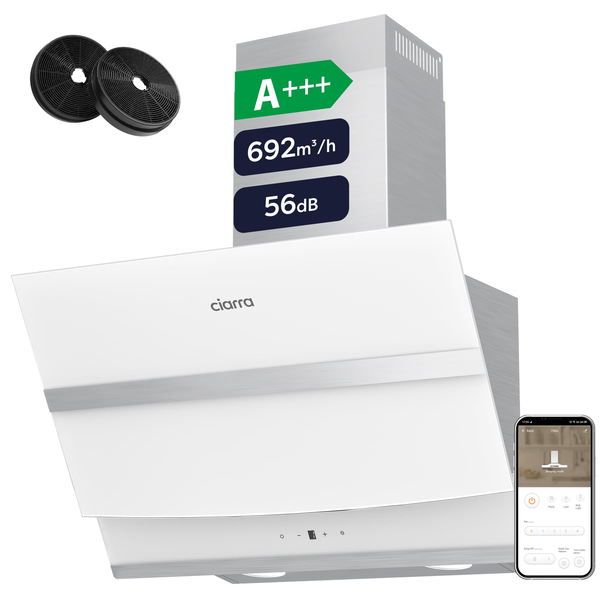 CIARRA CBCW6736N A+++ Dunstabzugshaube 60 cm 692 m³/h WLAN App Gesteuert