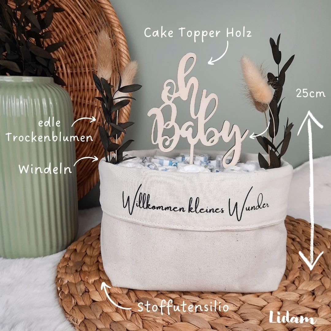 Windeltasche [NEU] | Made in Germany | handgemachte Windeltorte + CakeTopper aus Holz | Baby Geschenk und Geschenk zur Geburt |