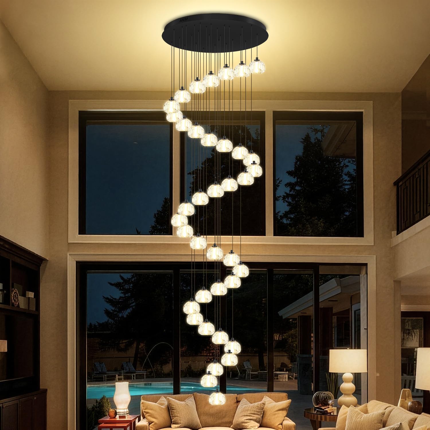 D32''x H170'' Extra Large Chandelier for Villa Staircase Led Long Crystal Ball Chandelier for High Ceiling Black 38 Light