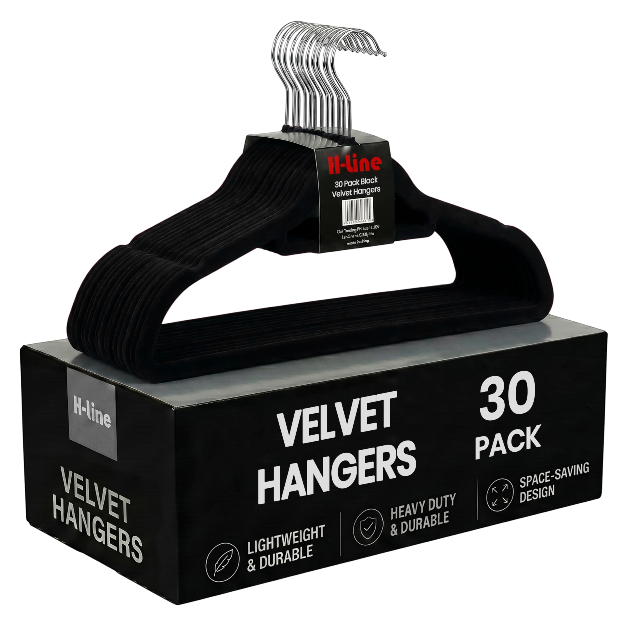 H-line Velvet Hangers, 30 Pack Non-Slip Clothes Hangers with Tie Bar & 360° Hook, Durable & Sturdy, Space-Saving Wardrobe Organisers for Suits, Jackets Coat, & Clothes- Home Storage Solution (Black)