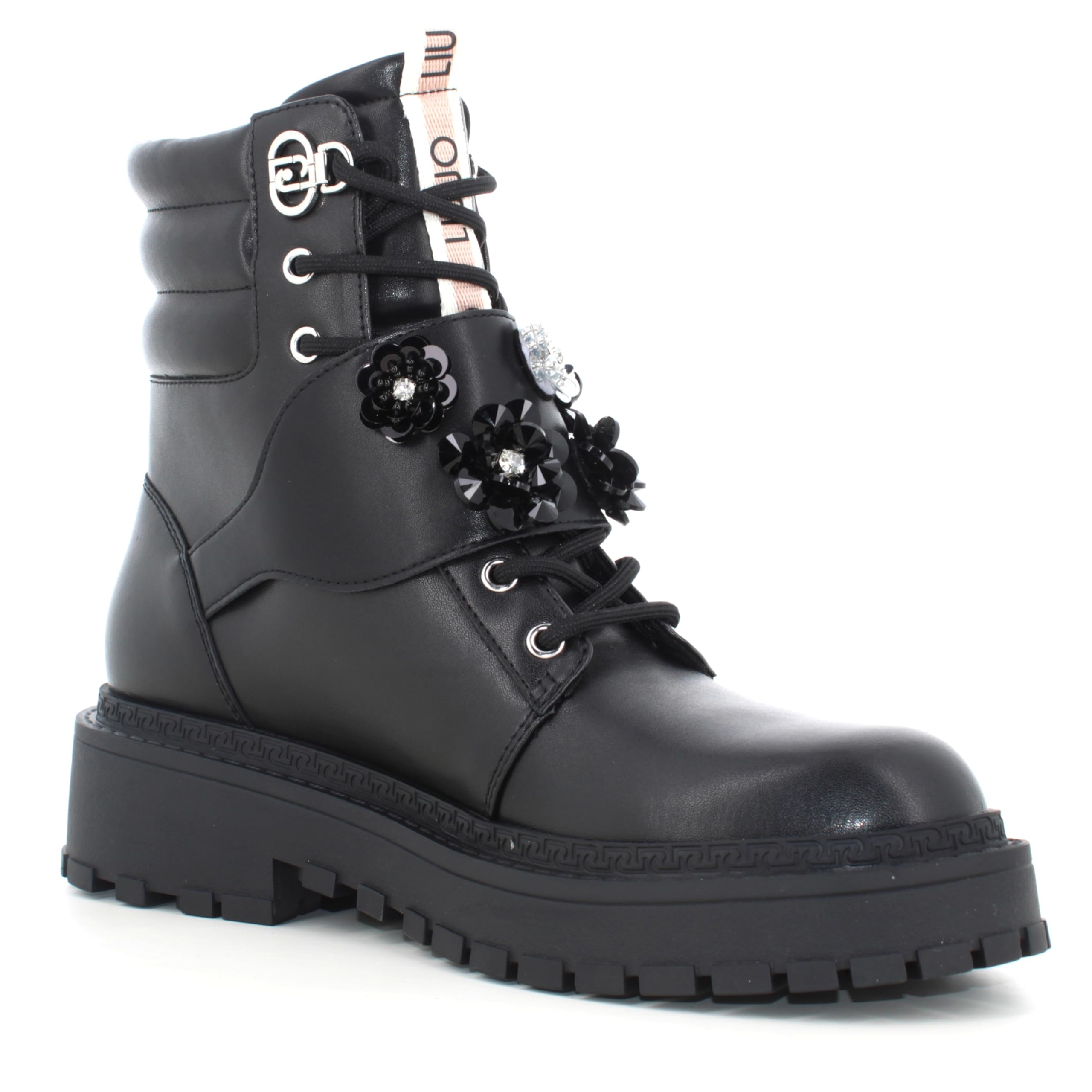 Liu Jo Botas Militares con Flores de Cristal, Negro, Cuero, Suela de Goma, Estilo Combat (Negro, Mediano, Sistema tallas calzado EU, Adulto, Números, mediano, 39)