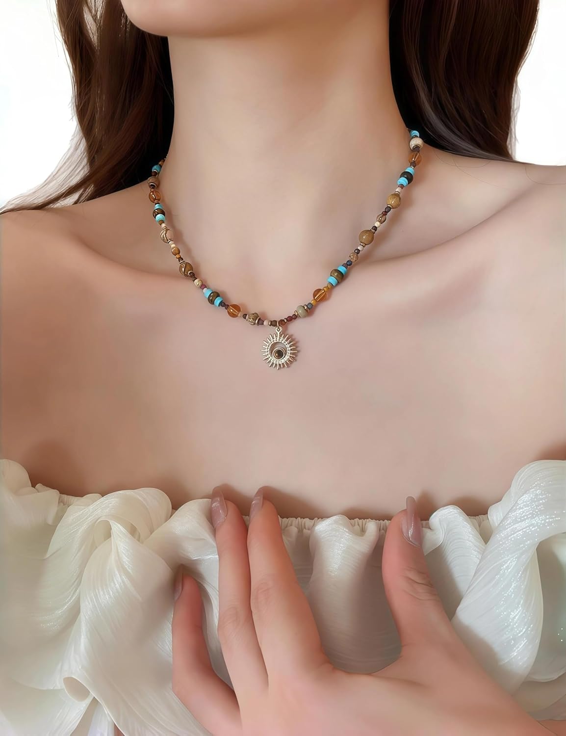 Gold Sun Pendant Beaded Necklace for Women, Handmade Stainless Steel Natural Stone Choker, Layered Bead Chain with Rice Beads and Gemstones, Vintage Boho Short Necklace Gift Box Included