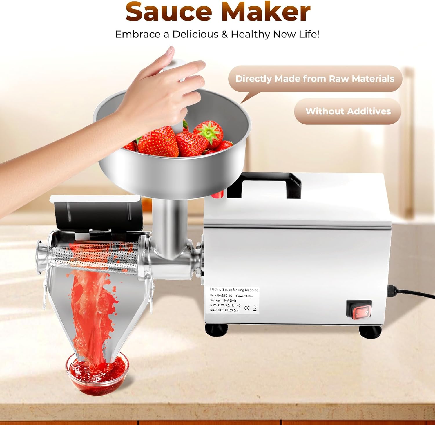 Tomato Strainer, 110V 450W Stainless Steel Food Press Sauce Maker, Commercial Electric Food Mill, Pure Copper Motor Food Strainer for Jam & Sauce,