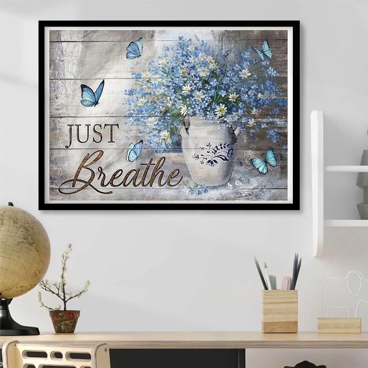 YEEIFFD Diamond Painting Kit for Adults Blue Flower Vase Daisy Drawing Blue Butterfly Vintage Painting Just Breathe for Wall Home Decor Canvas 11.8 x 15.8 inch