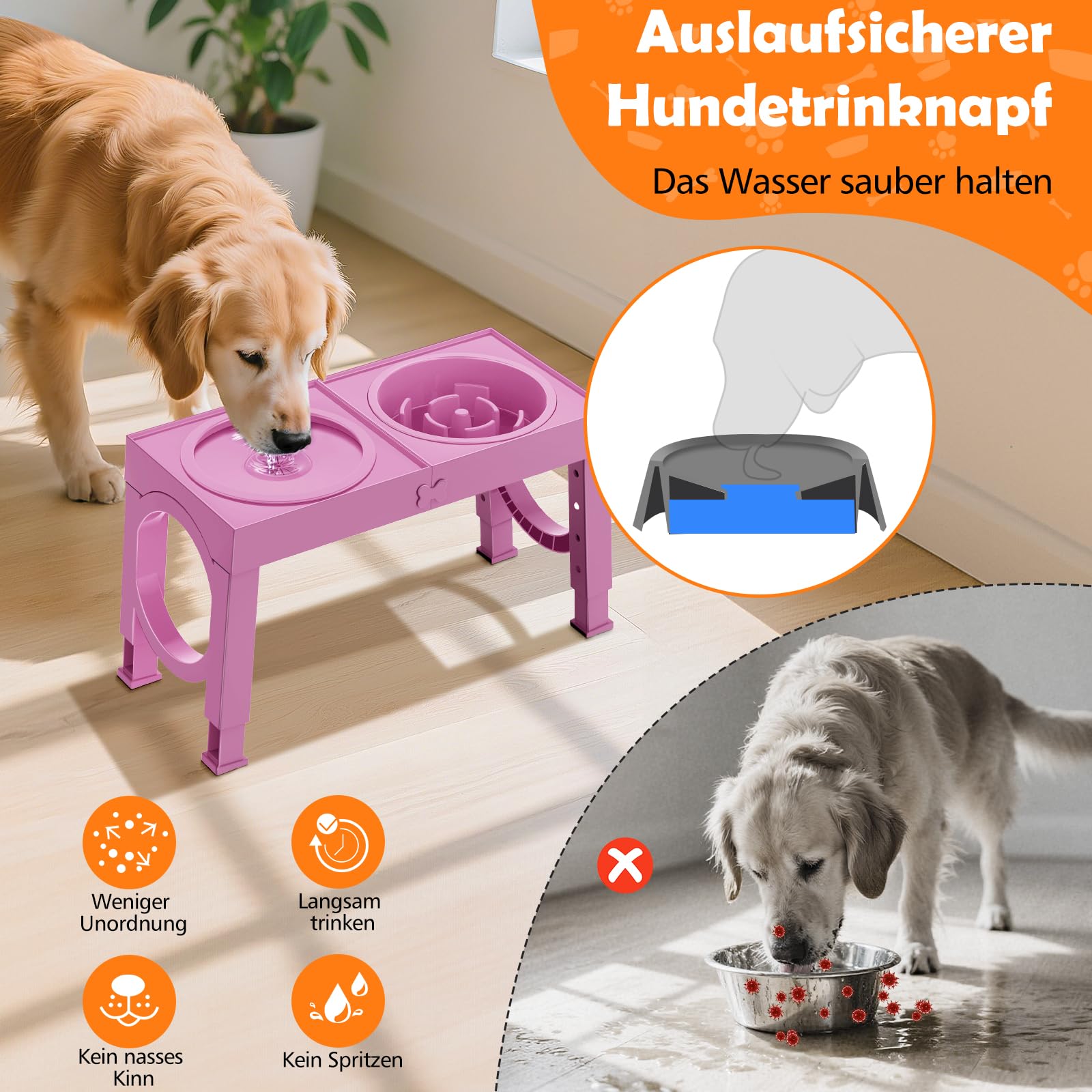 X XBEN 3-in-1 Ciotole per Cani Rialzate con 5 Altezze Regolabile, 1L Ciotola Anti Ingozzamento, 1,4L Acqua Cane Antigoccia, Ciotola per Cani Piccolo, Medio e Grande, Pieghevole e Antiscivolo, Rosa