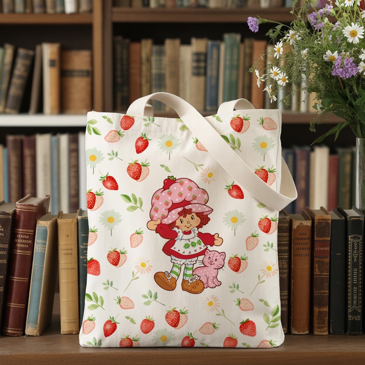 LONGXIN Cute Strawberry Tote Bag for Women, Kawaii Accessories Strawberry Gifts, Reusable Canvas Cute Shoulder Bag for Shopping, Grocery, Work, Book - Image 6