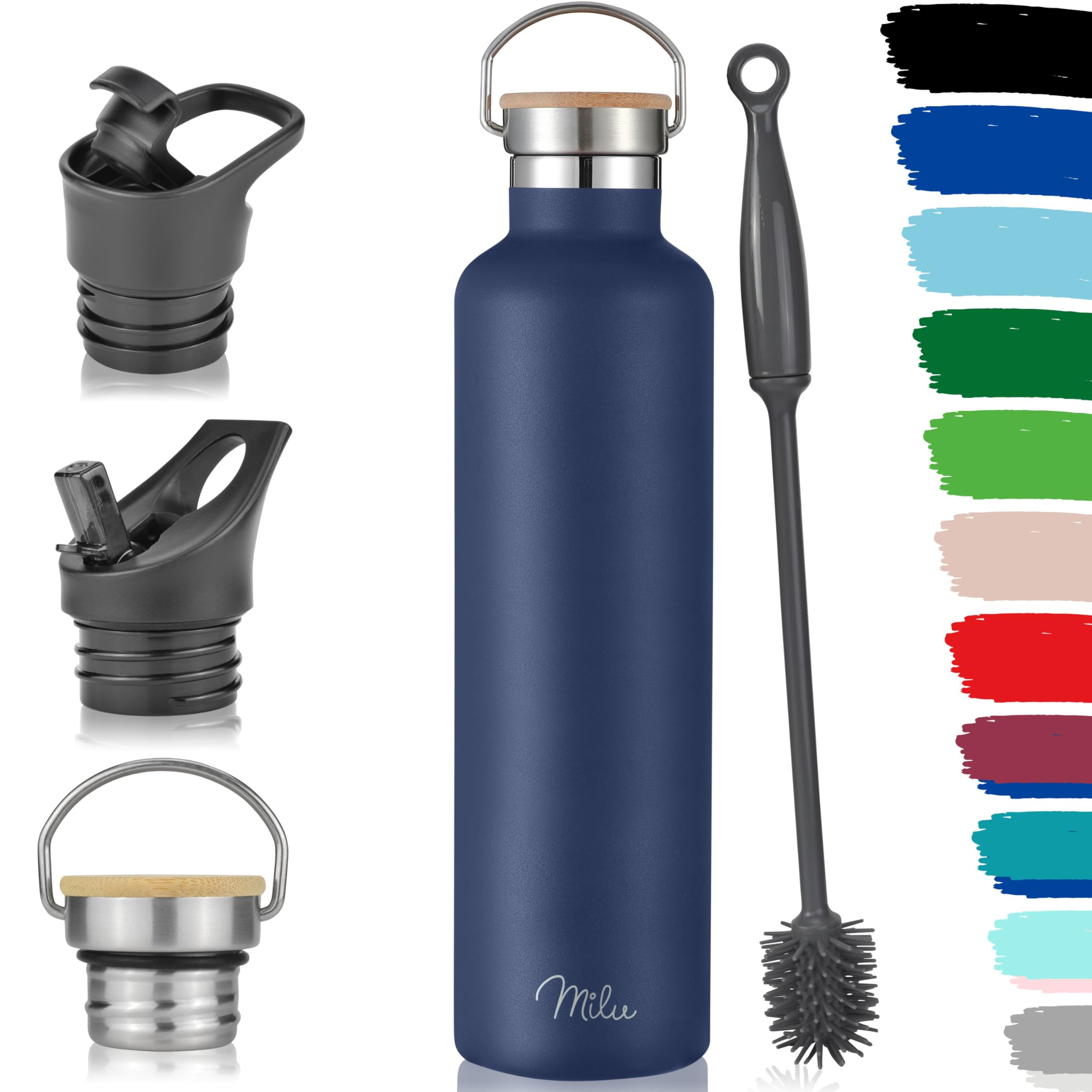 Milu Navy Blue Stainless Steel Drinking Bottle 350Ml, 500Ml, 750Ml, 1L (+3 Lids) - Thermo Bottle With Straw, Water Bottle, For Hot, Cold & Carbonated Drinks (, 1000Ml)