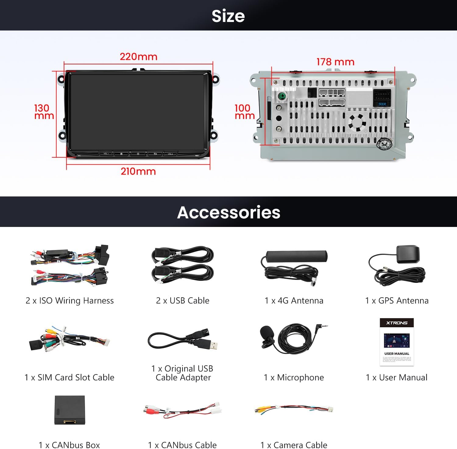 All accessories included with the XTRONS Android 14 Car Stereo, laid out neatly.