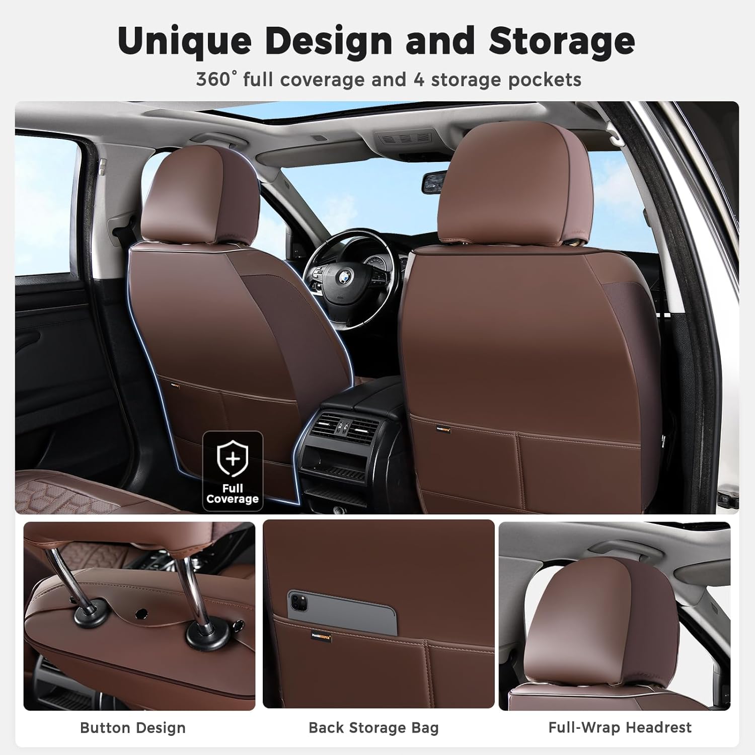 Huidasource Car Seat Covers Full Set, Car Seat Cushion Cover, Full-Cover Leather Car Seat Covers Front and Rear 5 Seats, Waterproof Automotive Seat Covers Fit for Most Cars SUV Trucks, Coffee