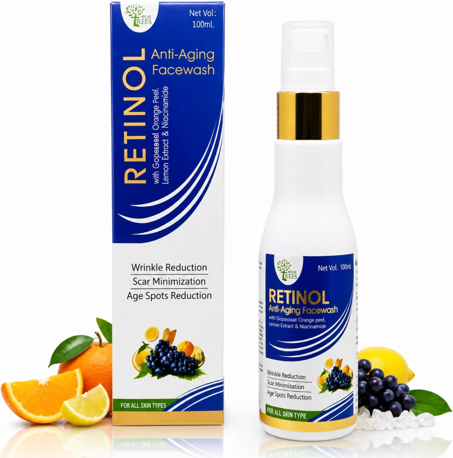 Four Trees Retinol Anti Aging Face Wash | Wrinkle Reduction | Scar Minimization | Age Spots Reduction | For Men & Women | 100ml