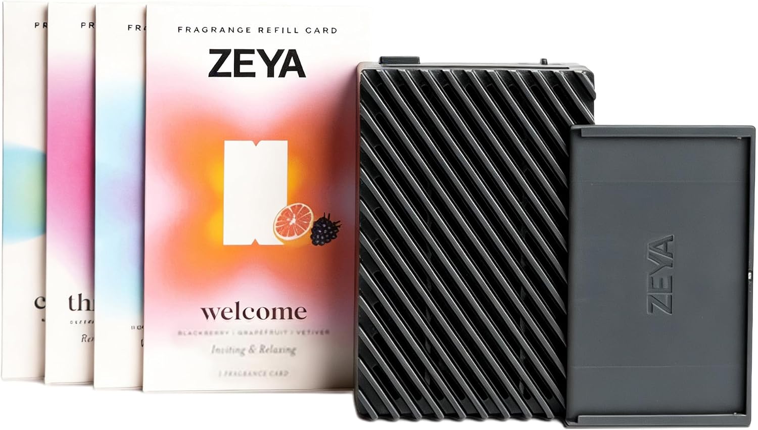 ZEYA - Sampler Bundle - Black Portable Fragrance Diffuser for Bedroom, Bathroom, Home Office, Dorm Room & Car Use - 4 Refill Cards