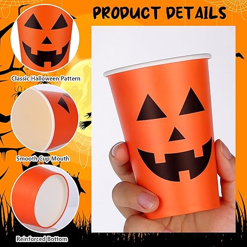 Miniatura 4 de 100 vasos de fiesta de Halloween de 12 onzas con diseño de calabaza, vampiro, murciélago, fantasma, vasos de papel desechables para bebidas frías y