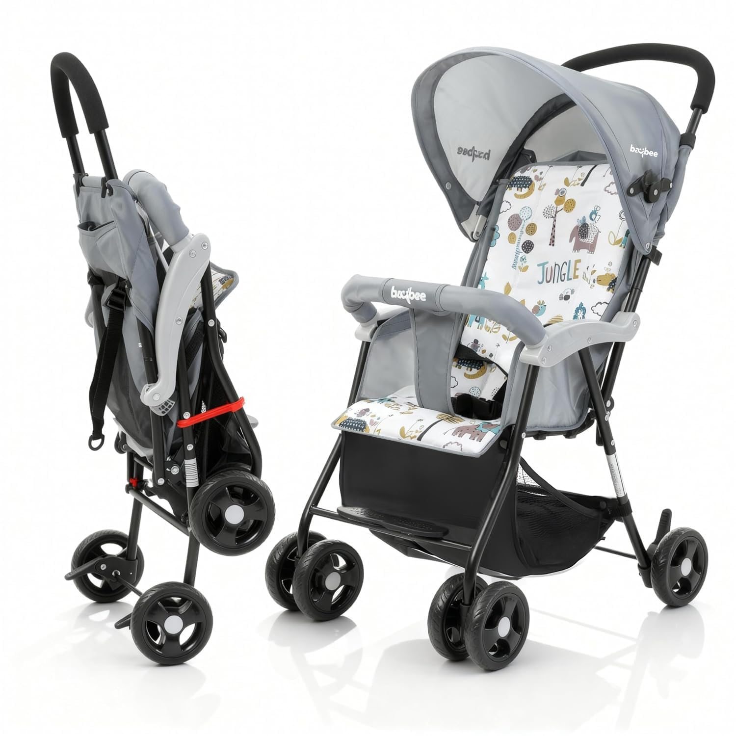 Baybee Tiny Baby Stroller Pram for Baby Boy & Girl 0 to 3 Years | Foldable Baby Stroller with Canopy, Parent Handle, 2-Position Adjustable Seat, 3-Point Safety Belt | Travel Stroller, Baby’s Strollers, Pram for Kids (Grey)-image-4