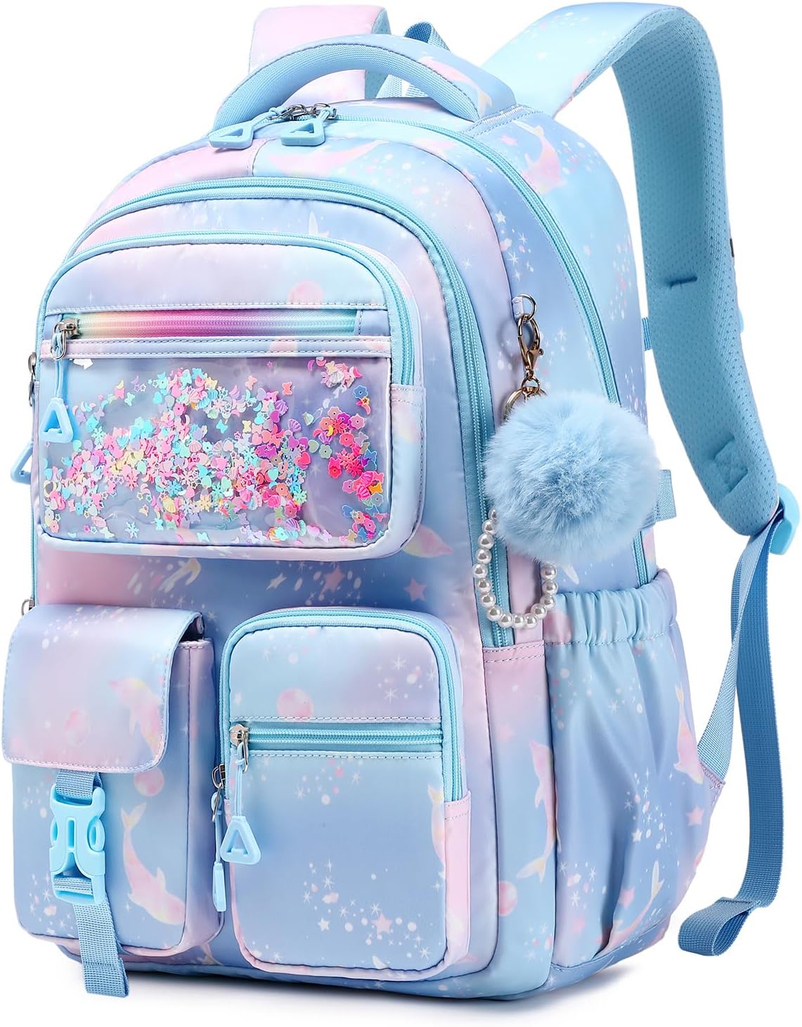 Girls Backpack,School Bag for Kids,Primary,Elementary,teen ages 6-15 Girls Bookbag,Students Kawaii Backpack Blue dolphin