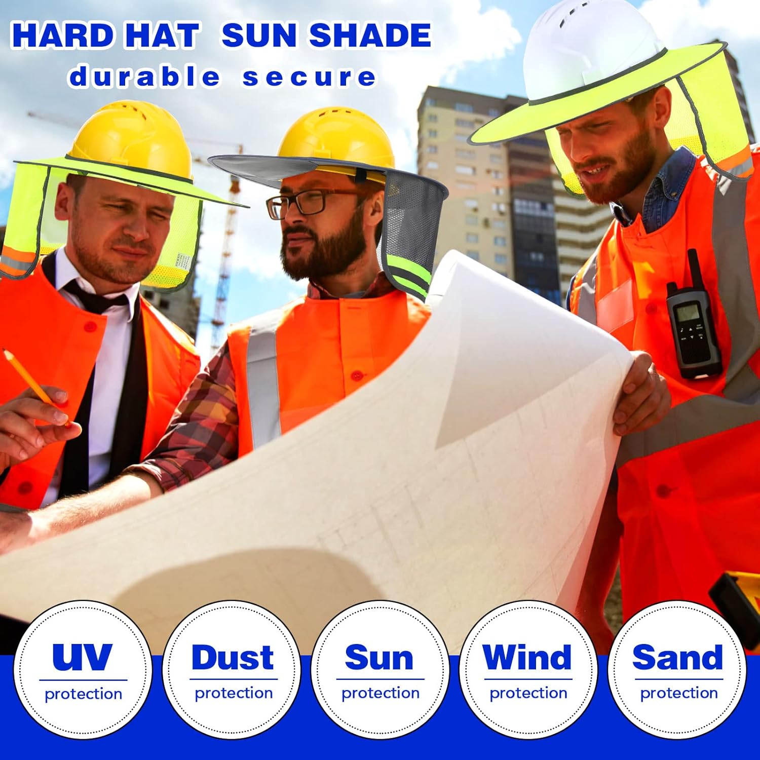 Vicenpal 10 Pcs Hard Hat Shade Full Brim, High Visibility Sun Visor Neck Shade with Reflective Strip, Hard Hat Accessories for Men Women Construction Use(Grey, Yellow)