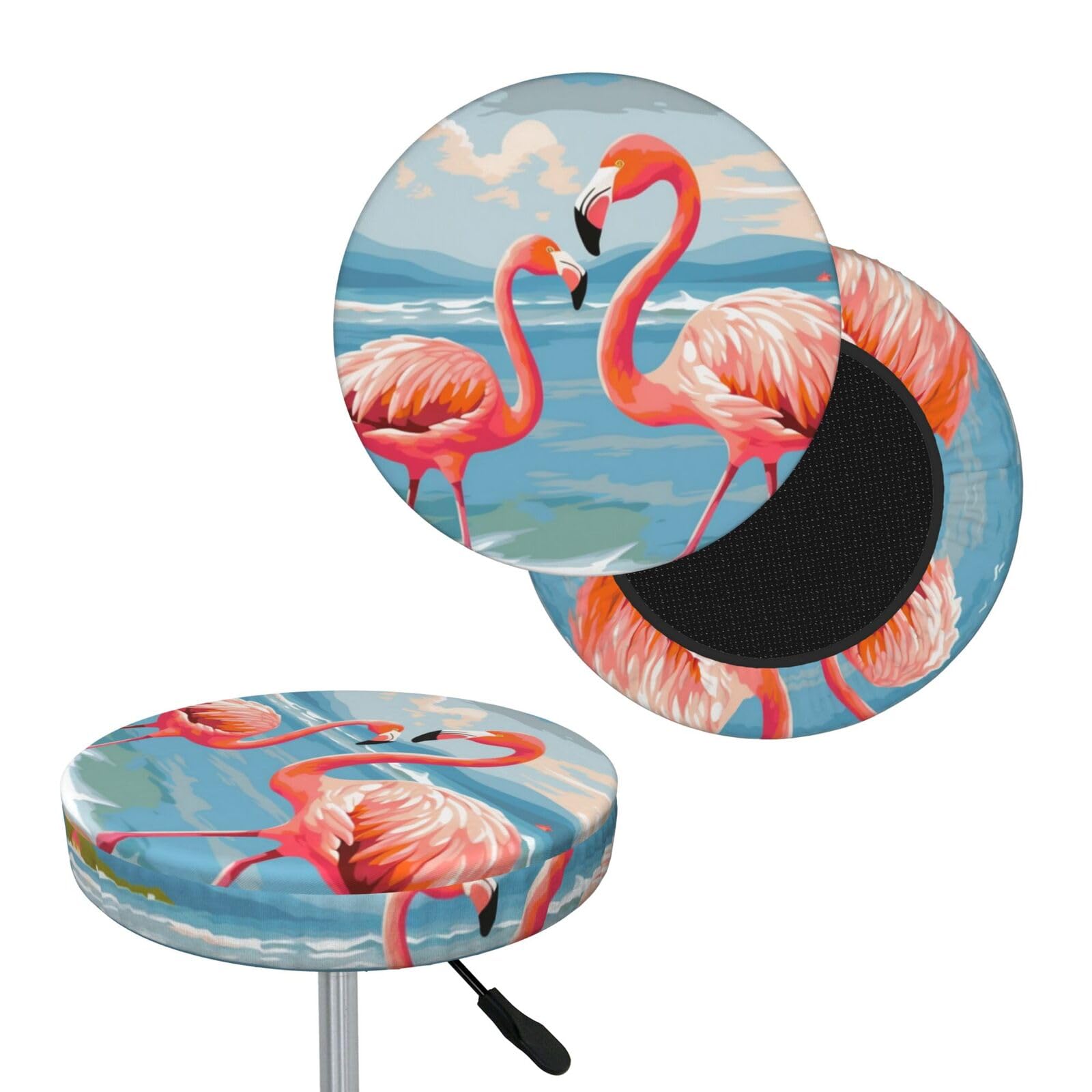 FekiLoot Flamingo Beach Round Bar Stool Covers Stretch Washable Bar Stool Covers Dustproof Slipcover Bar Chair Covers with Elastic Band for Bar Kitchen Living Room Decor 12 Inch