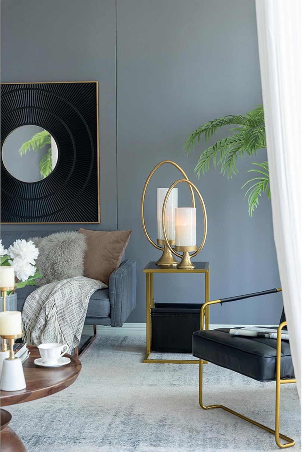 Oval Textured Glass Hurricane Candleholders - 26.5" - Gold - Set of 2