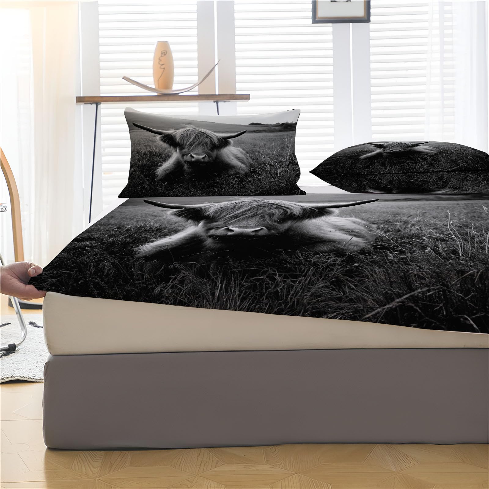 Sábanas 200X190/200Cm - Juego De Sábanas 3 Piezas Estampadas Ganado Tierras Altas Vintage - Microfibra Suave Transpirable - Sábana Bajera Ajustable - Ropa De Cama Animales Pastizales (Blanco Negro)