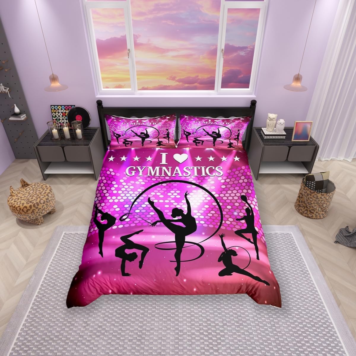 Feelingyou Women's Gymnastics Duvet Cover Set Single Size,2 Pieces Breathable Lover Bedding Sets(1 Duvet Cover+1 Pillowcase),Children Stage Lighting Printed Comforter Cover Set For Girls Kids