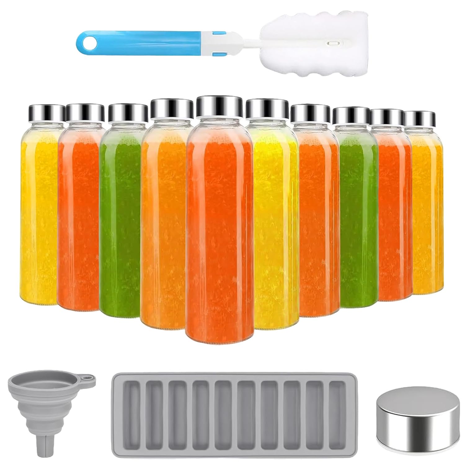 10 bottiglie di vetro con coperchio, 530 ml, riutilizzabili, per succhi di frutta, bottiglie d'acqua in vetro trasparente, a prova di perdite, con tappo ermetico in acciaio inox per