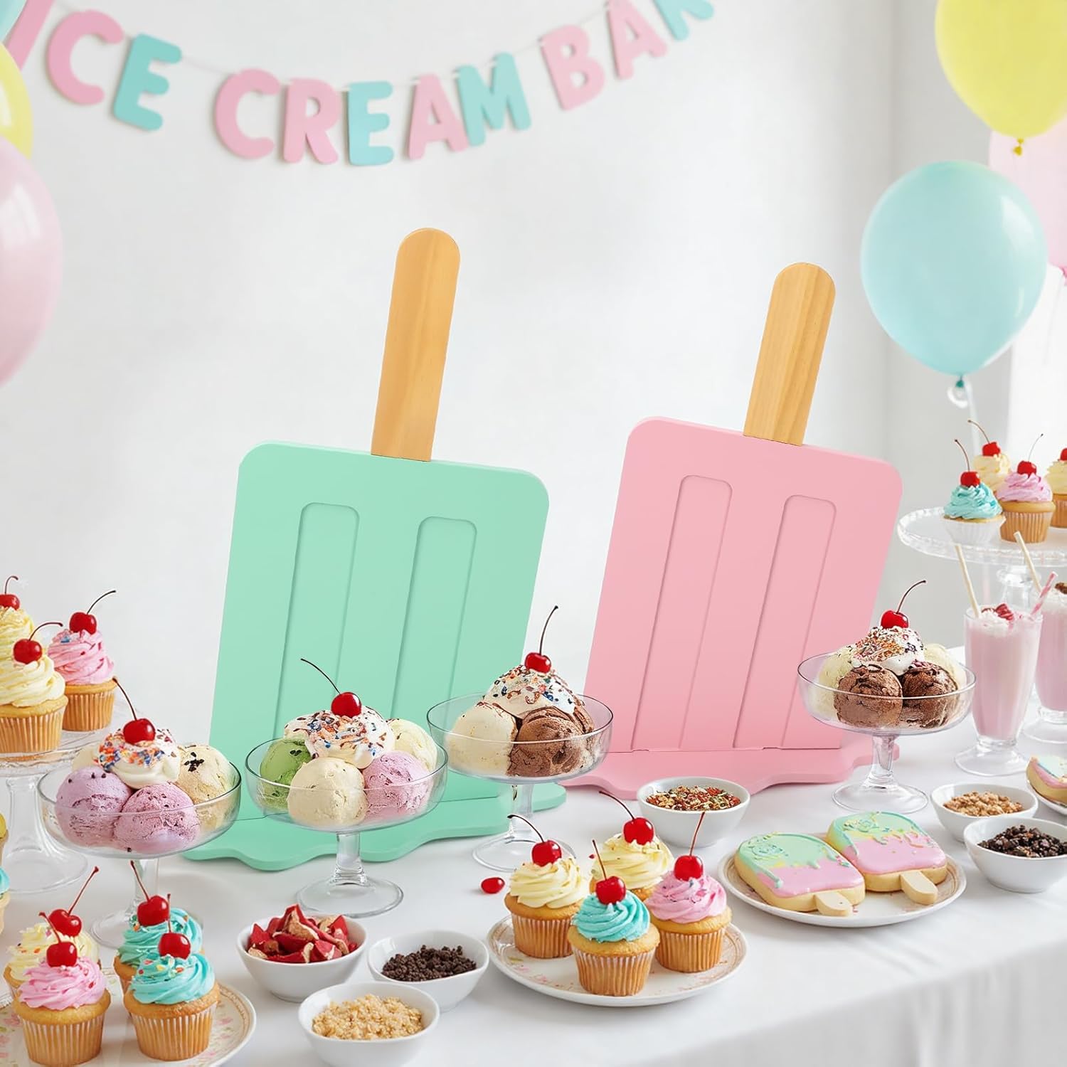 Novabright Ice Cream Party Decorations 2 Pcs 20 Inches Wooden Ice Cream Sign Backdrop for Birthday Summer Baby Bridal Shower Wedding Graduation Bar Party Decor(Pink and Green, Classicl Style)