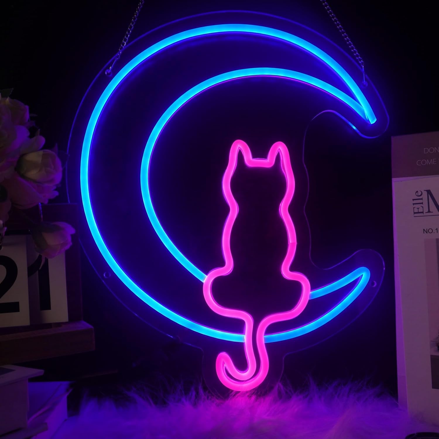 Amazon.com: Moon Cat Neon Signs for Wall Decor White Blue LED Light ...