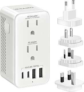 Voltage Converter US to Europe, 220 to 110 Converter for European Travel, Power Converter Adapter Combo with 2 USB-A 2 USB-C Port & UK/AU/US/IT/European Travel Plug Adapters