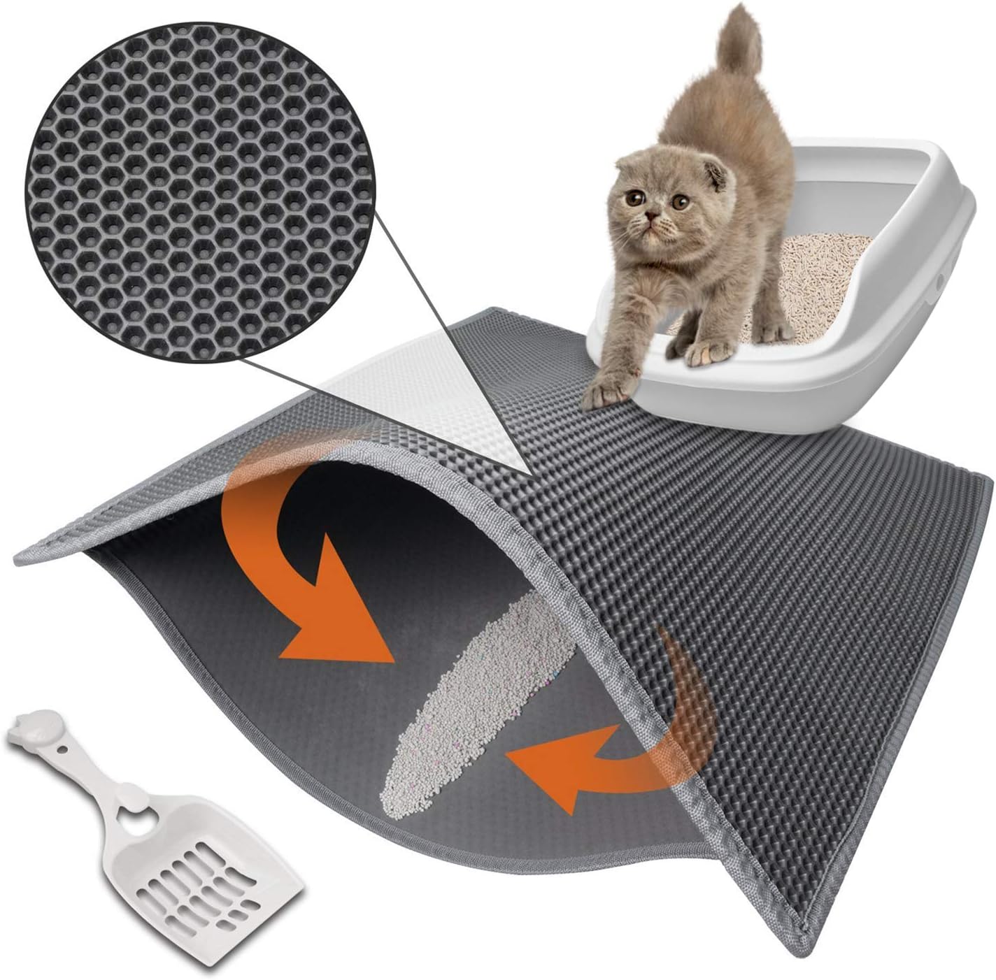 PievievCat Litter Mat Anti-Tracking Litter Mat, 30" X 24" Inch Honeycomb Double Layer Waterproof Urine Proof Trapping Mat for Litter Boxes, Large Size Easy Clean Scatter Control (Scoop Included)