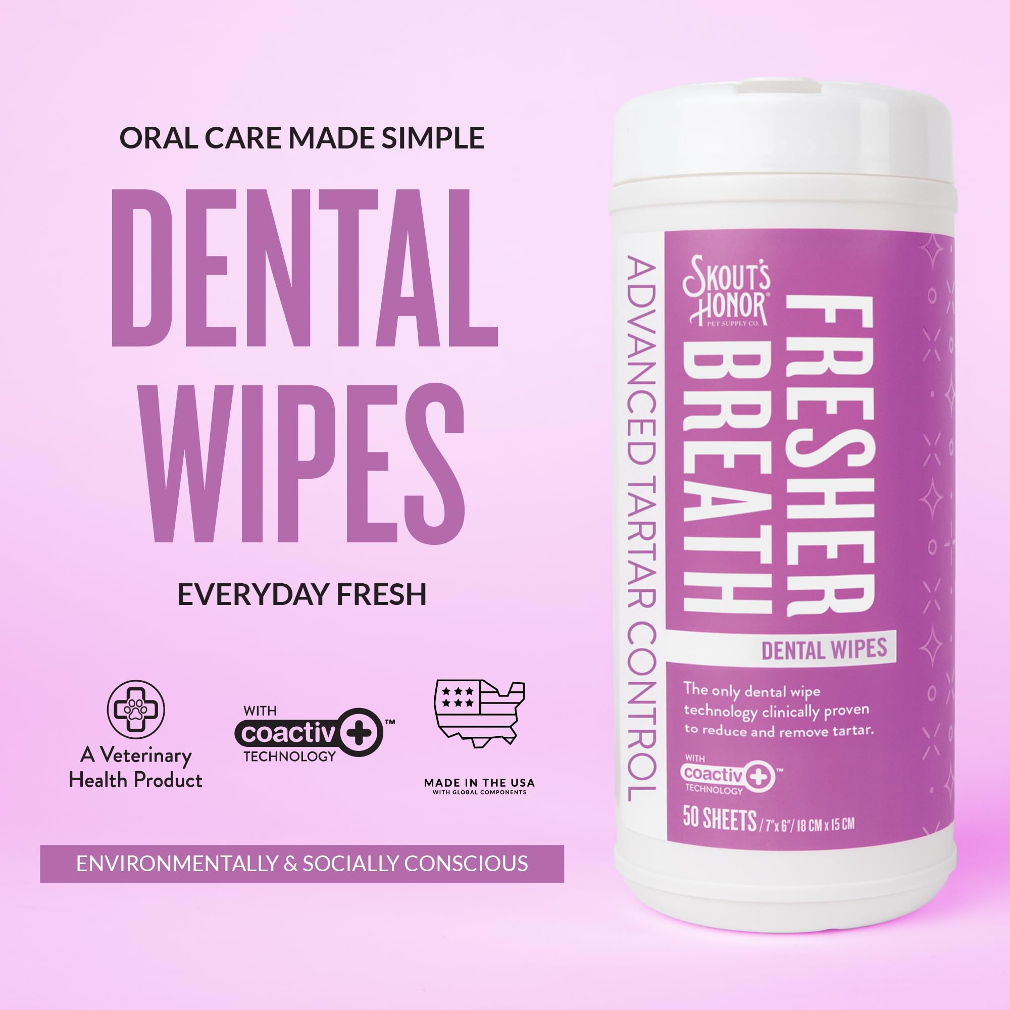 SKOUT'S HONOR Fresher Breath Dental Wipes- Pet Dental Wipes - Fights Plaque and Tartar, Freshens Breath Fast, No Brushing Required, 50 Sheets - image 2