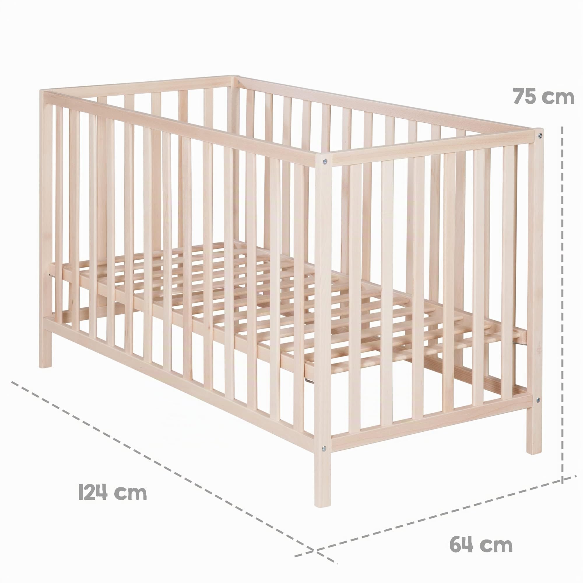 roba Lit Bébé Tout Barreaux "Cosi" 60x120 - 3 Positions d'Hauteur - Hêtre Massif Bio - Naturel