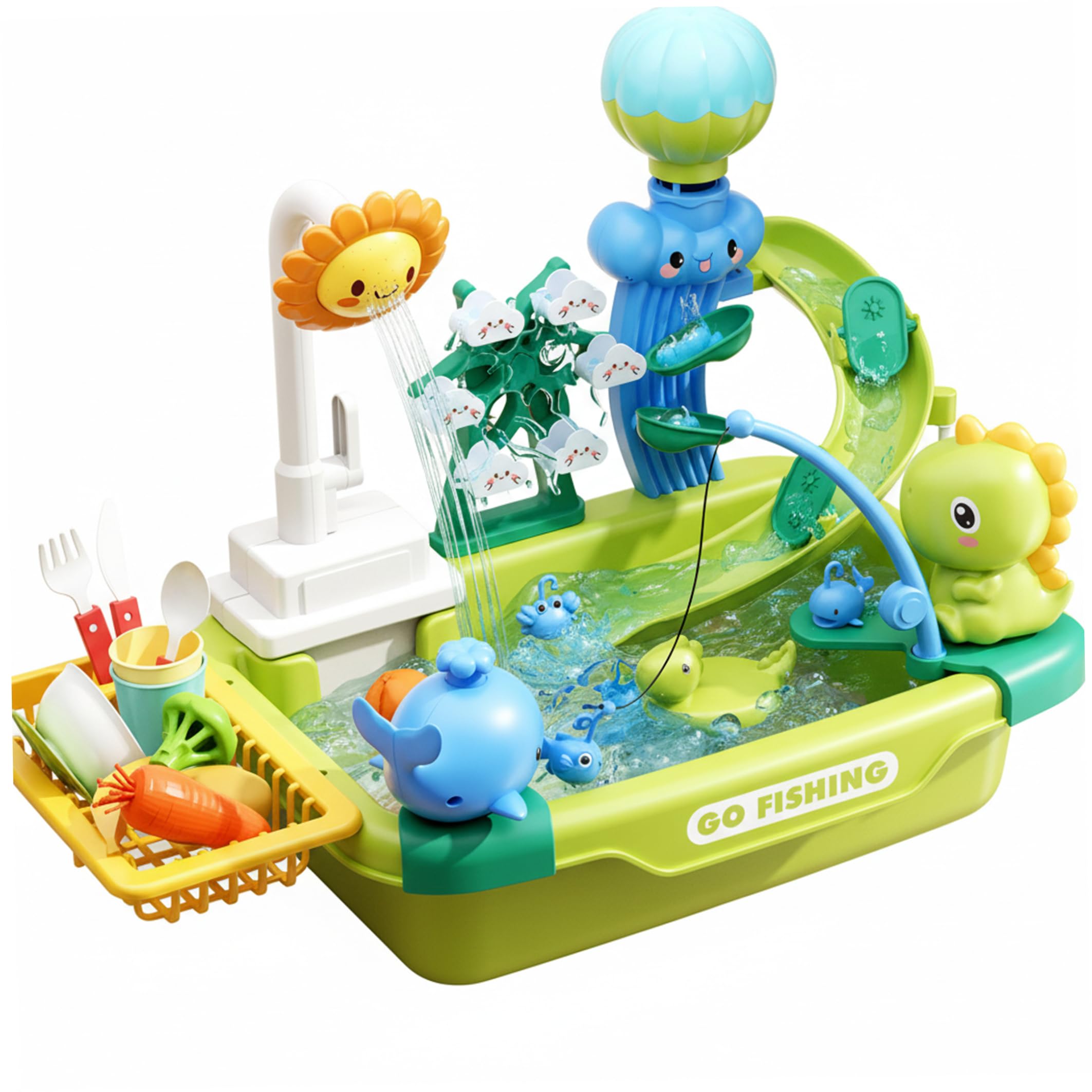 Lavello per bambini, lavello giocattolo con acqua corrente, set da gioco per bambini a tema dinosauro con pesca, lavastoviglie e scivolo sistema di ci