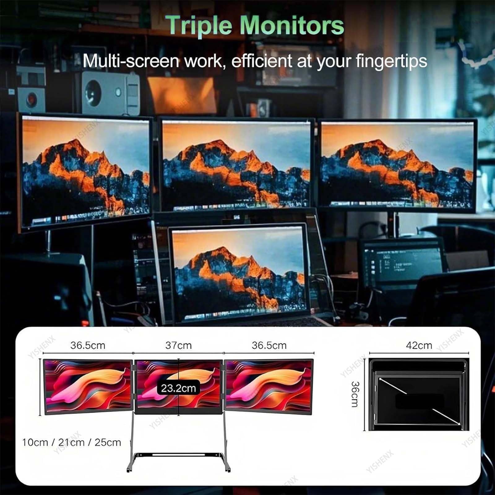 Monitor per Laptop a Triplo Schermo, Display Pieghevole HD Da 15,6", Rotazione a 360°, Copertura Srgb Al 100%, Regolazione Dell'altezza Su 3 Livelli, Windows, Mac, Linux, Android, Per Ufficio