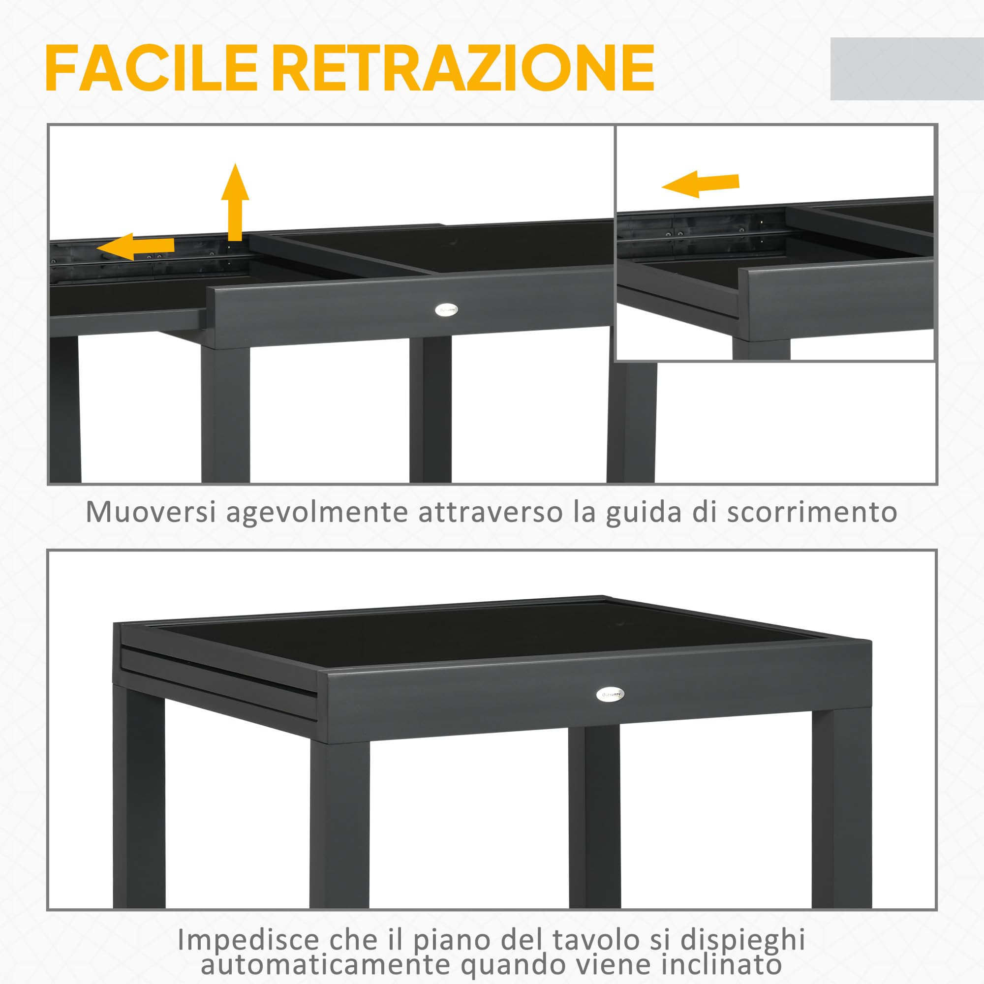 Outsunny Tavolo da Giardino Allungabile da 80/160x80x75 cm, Tavola da Pranzo Estensibile per 4-6 Persone Rettangolare in Alluminio con Piano in Vetro Temperato, Per Patio, Terrazzo, Balcone, Nero
