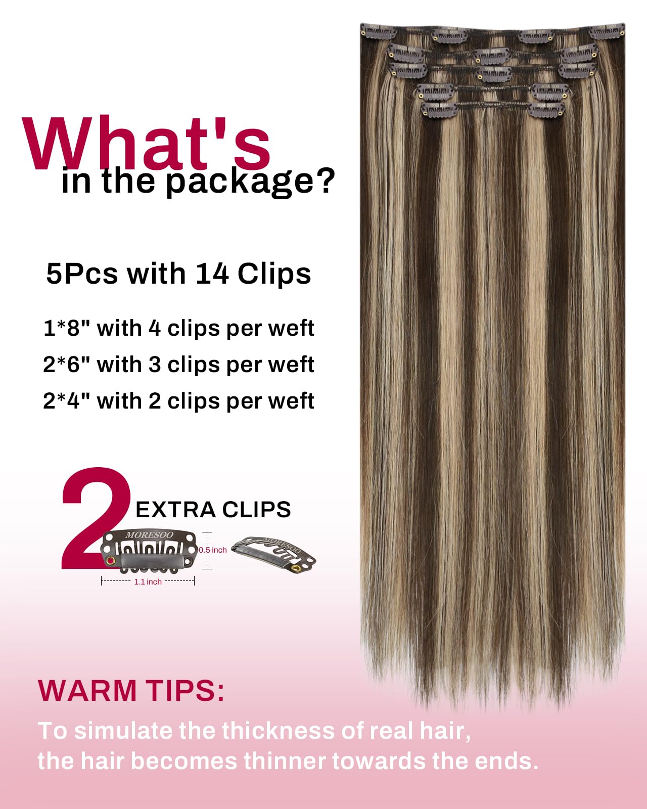 Moresoo Clip in Hair Extensions Real Human Hair Balayage Medium Brown and Blonde Real Hair Extensions Clip in Human Hair for Women Full Head 22 Inch 7pcs/120g #4/6/613 — view 147