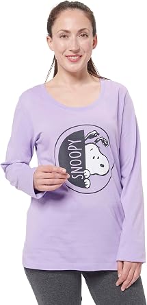 The Peanuts Women's Snoopy Pyjamas Set, Long Sleeve Top with Trousers, Purple/Black