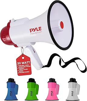《PYLE メガホン 最大出力30W 拡声器》サイレン機能付き 音声録音可能 (最大10秒間) 音は最大750mまで届く 超軽量 持ち運び用ベルト付き AUX対応 電池式 赤 白 レッド ホワイト PMP35R [並行輸入品]