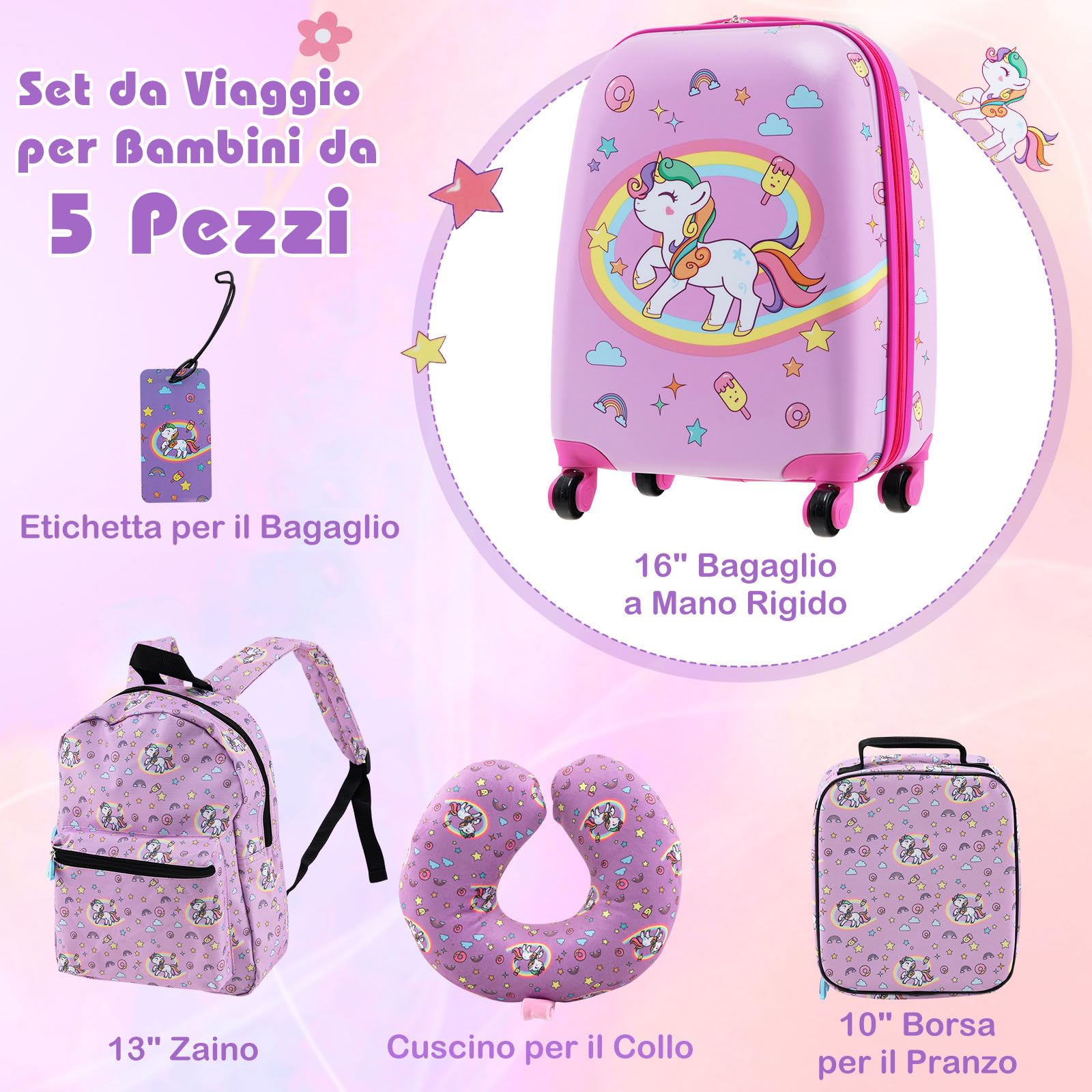 COSTWAY 5 Pezzi Valigia per Bambini, Valigia con ManicoTelescopico da 16" con 13" Zainetto, Cuscino per Il Collo, Etichetta per Bagaglio, Borsa per Il Pranzo, con Ruote Girevoli a 360 ° (Modello 1)
