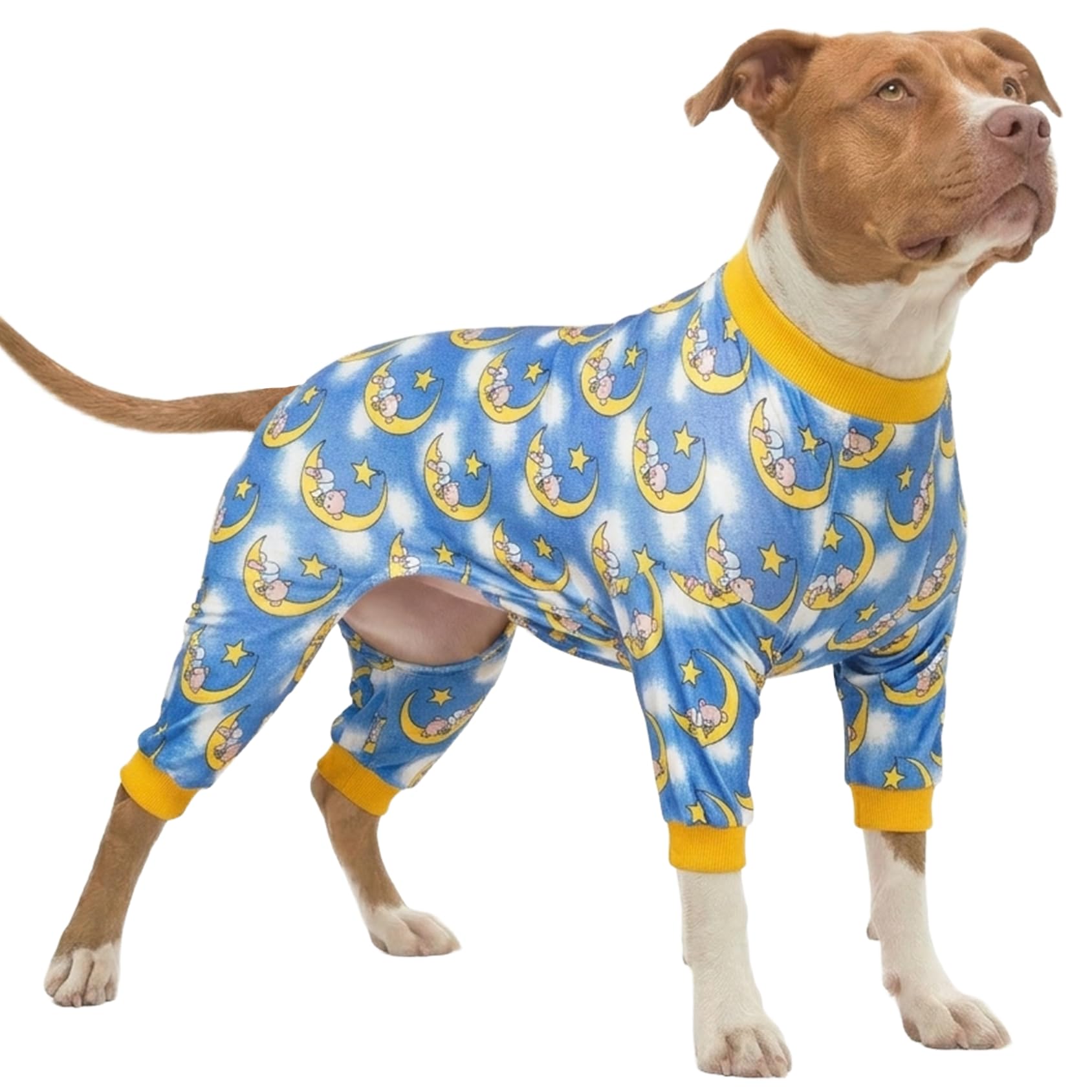 LovinPet Pitbull Dog PJs, Pitbull Bodysuit, Dreamy Bear Print, Yellow, M
