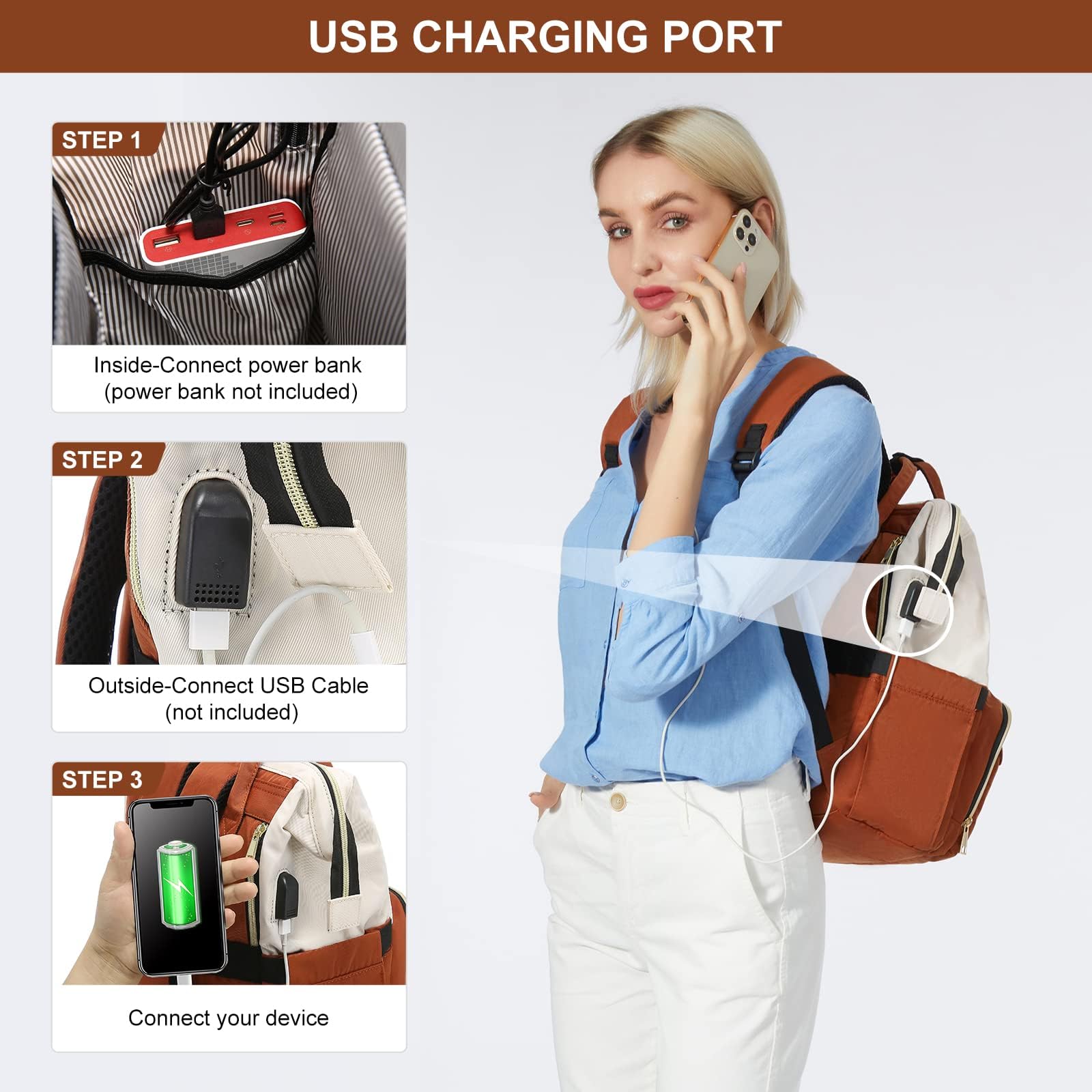 LOVEVOOK Laptop Backpack Purse for Women, 17 Inch Computer Business Stylish Backpacks, Doctor Nurse Bags for Work, Casual Daypack Backpack with USB Port, White-Brown