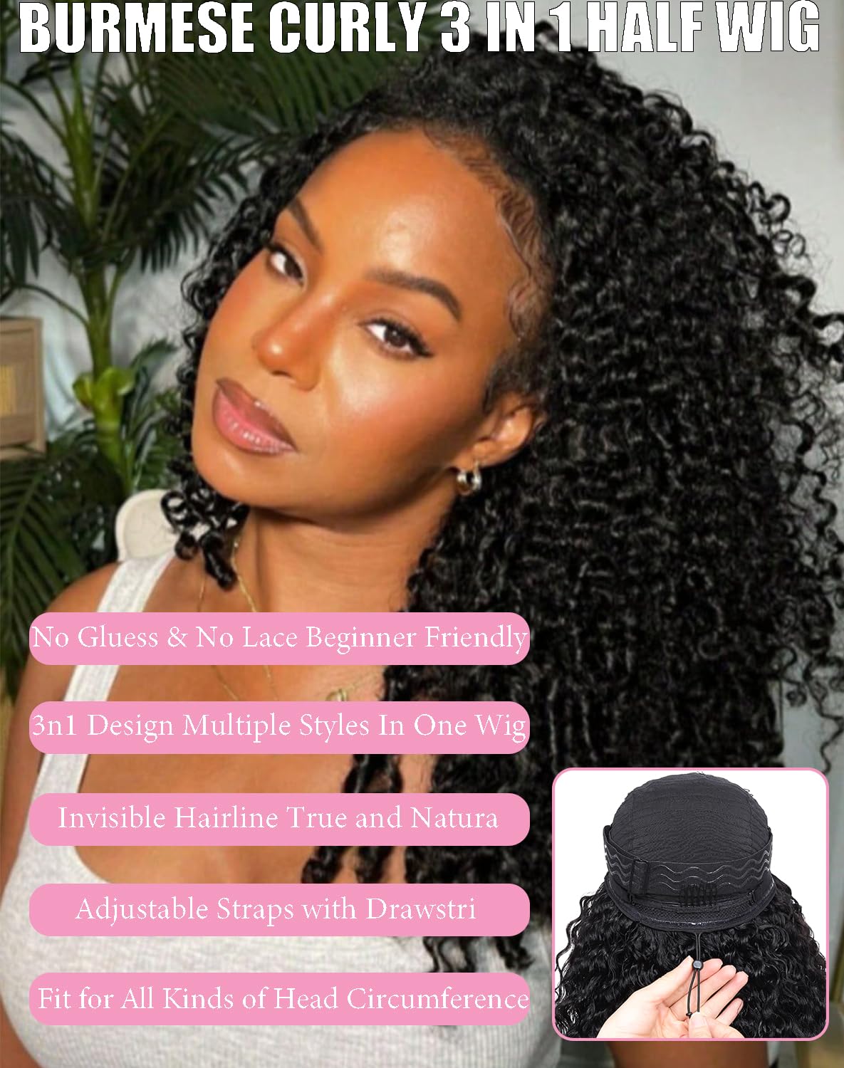 Half Wig Human Hair 24 Inch Burmese Curly with Spiral Curls End Glueless Wigs 180% Density Seamless Flip Over Half Wigs Human Hair Wear and Go Beginner Friendly Drawstring Wig for Women
