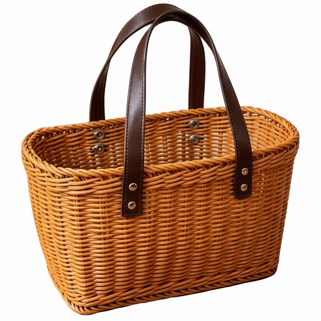 Farmers Market Basket, Handwoven Wicker Basket with Handle, Lightweight Tote for Groceries, Picnic, Flower Gathering, Light Brown, 35x14x20 cm