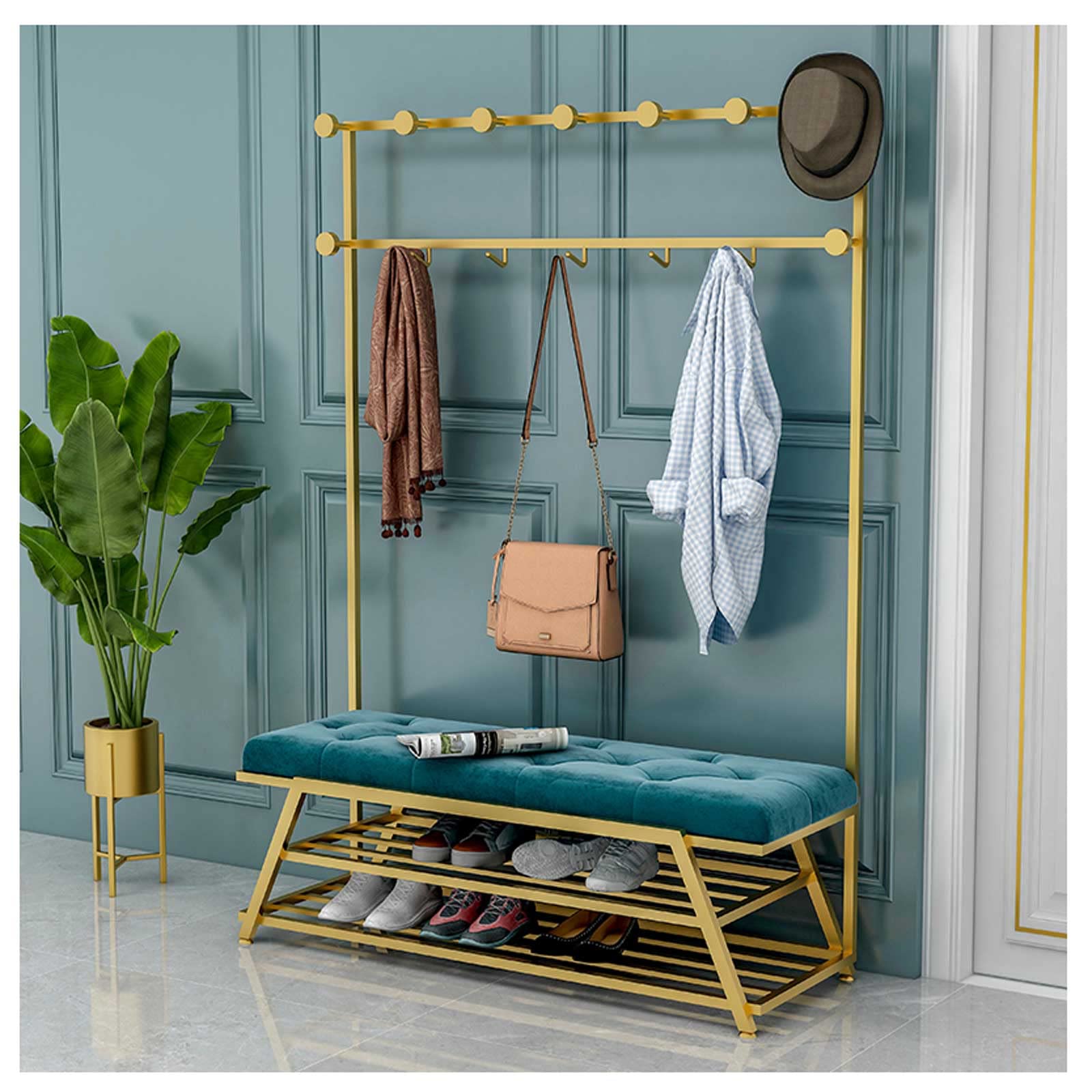 WJFTODAY Nordic Luxury Freestanding Coat Rack with Bench & Shoe Storage Modern Clothes Rail for Living Room & Bedroom nization Stylish Entryway Solution