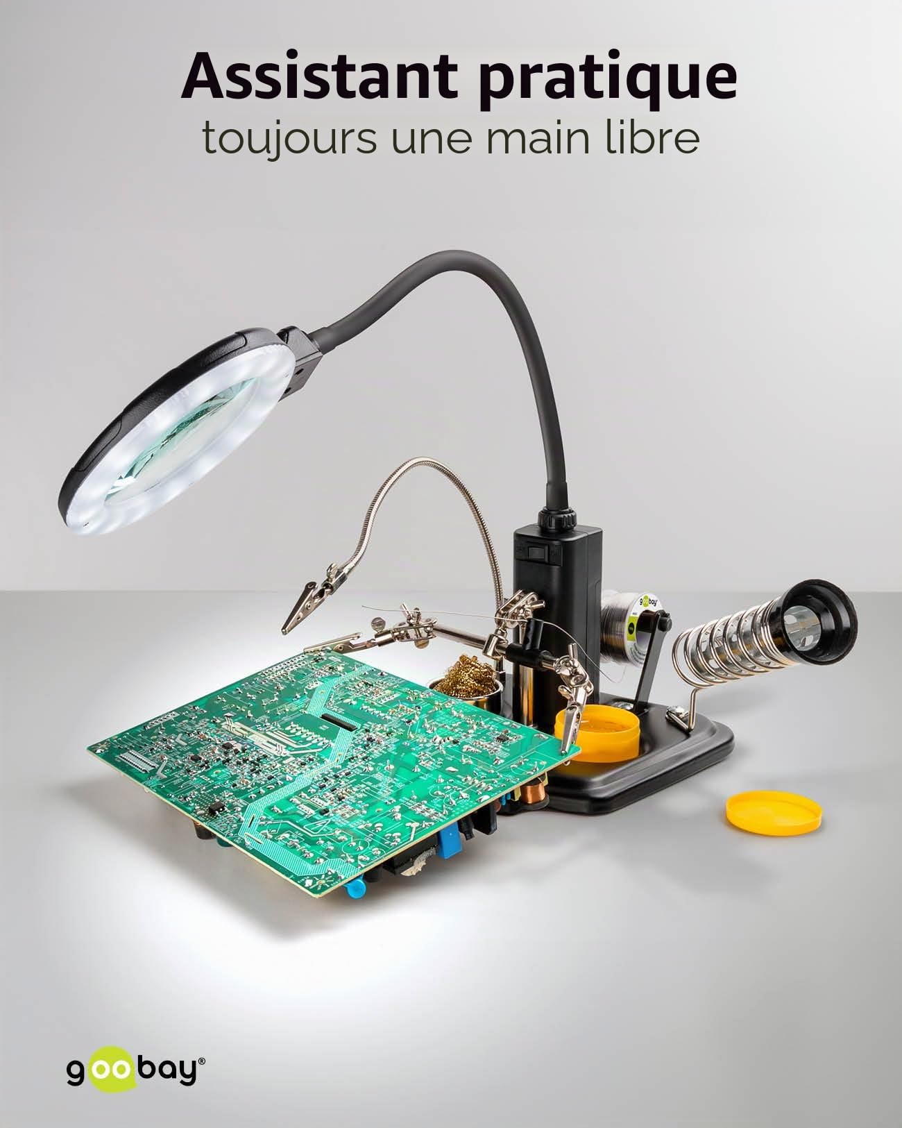 Fixpoint goobay 45241 Aide au soudage avec lampe LED/Pince crocodile col de cygne Loupe avec lampe LED/loupe grossissante 3x / support de fer à souder intégré, éponge et laine de nettoyage / 1 pièce