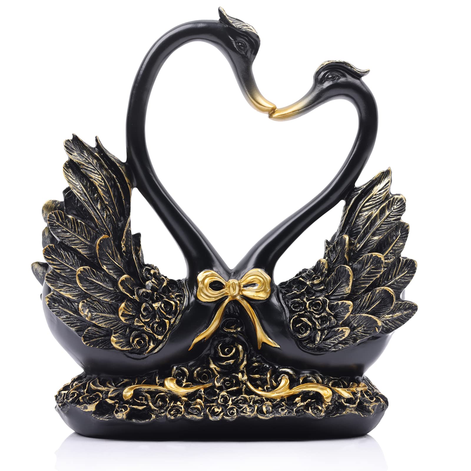 Swan sculptures and statues, black swan decorations, love statues, black home decor statues, swan couple statues for home living room, entryway entrance table, on shelves, dining table centerpieces
