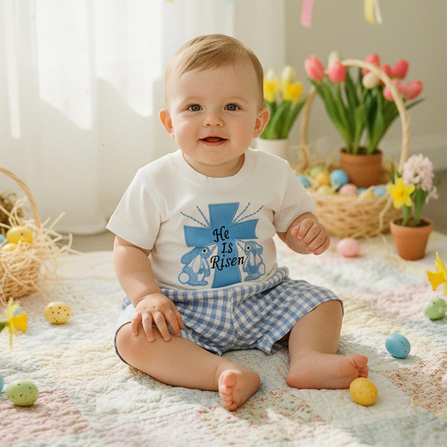 Toddler Baby Boy Easter Outfit Bunny Embroidery Short Sleeve T-shirt Tops Plaid Shorts Set Spring Summer Clothes - Image 2