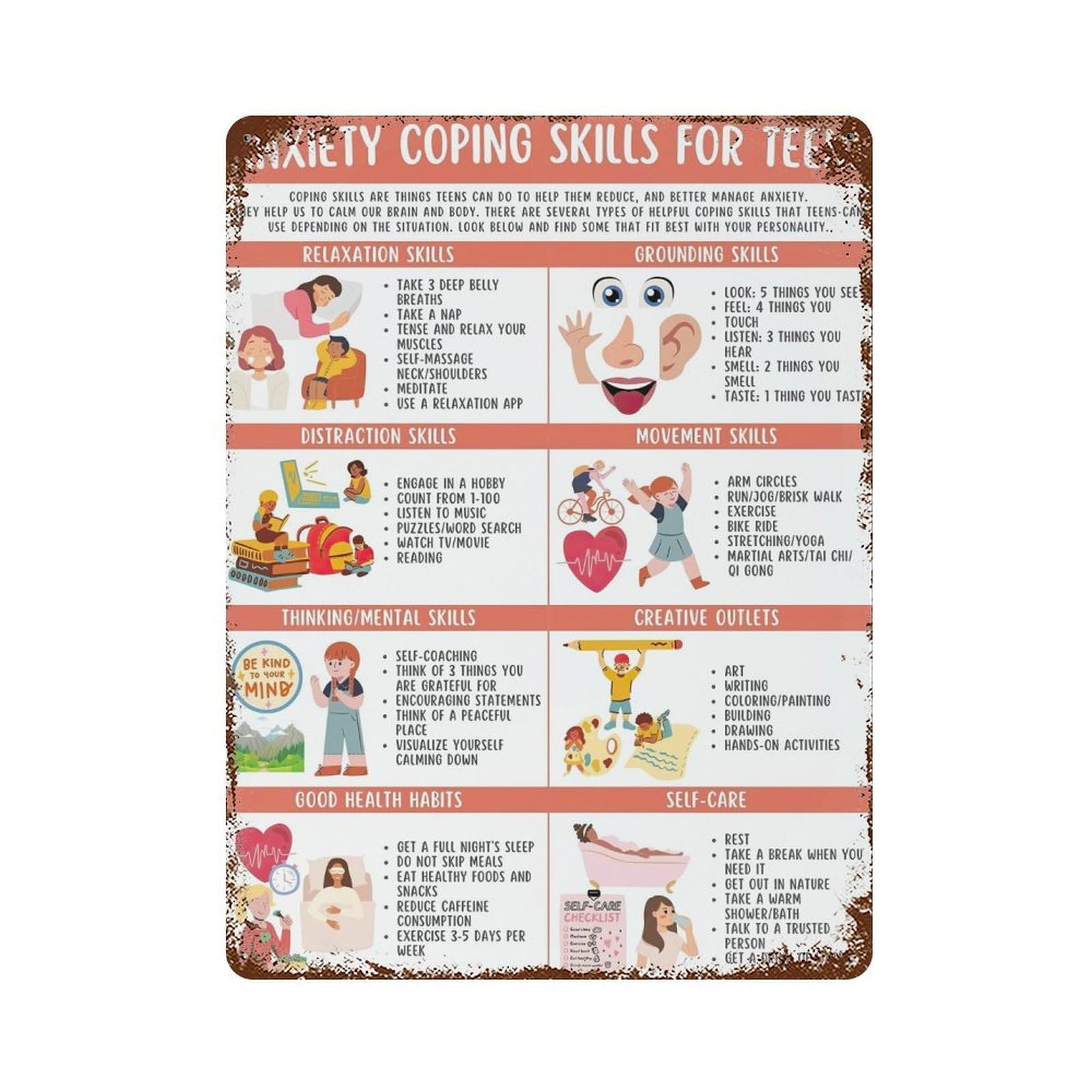 xiaoxiaoshen Anxiety Coping Skills Mental Healthy Wall Decor Art Metal Tin Poster Modern Home Decor Art Home Bar Shop Decorations Vintage Sign 40x30cm