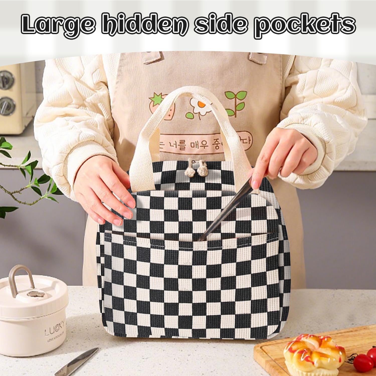 Borsa Termica Porta Pranzo Beige Con Stampa Fragola - 26x18x21 Cm, Isotermica, Per Ufficio E Picnic